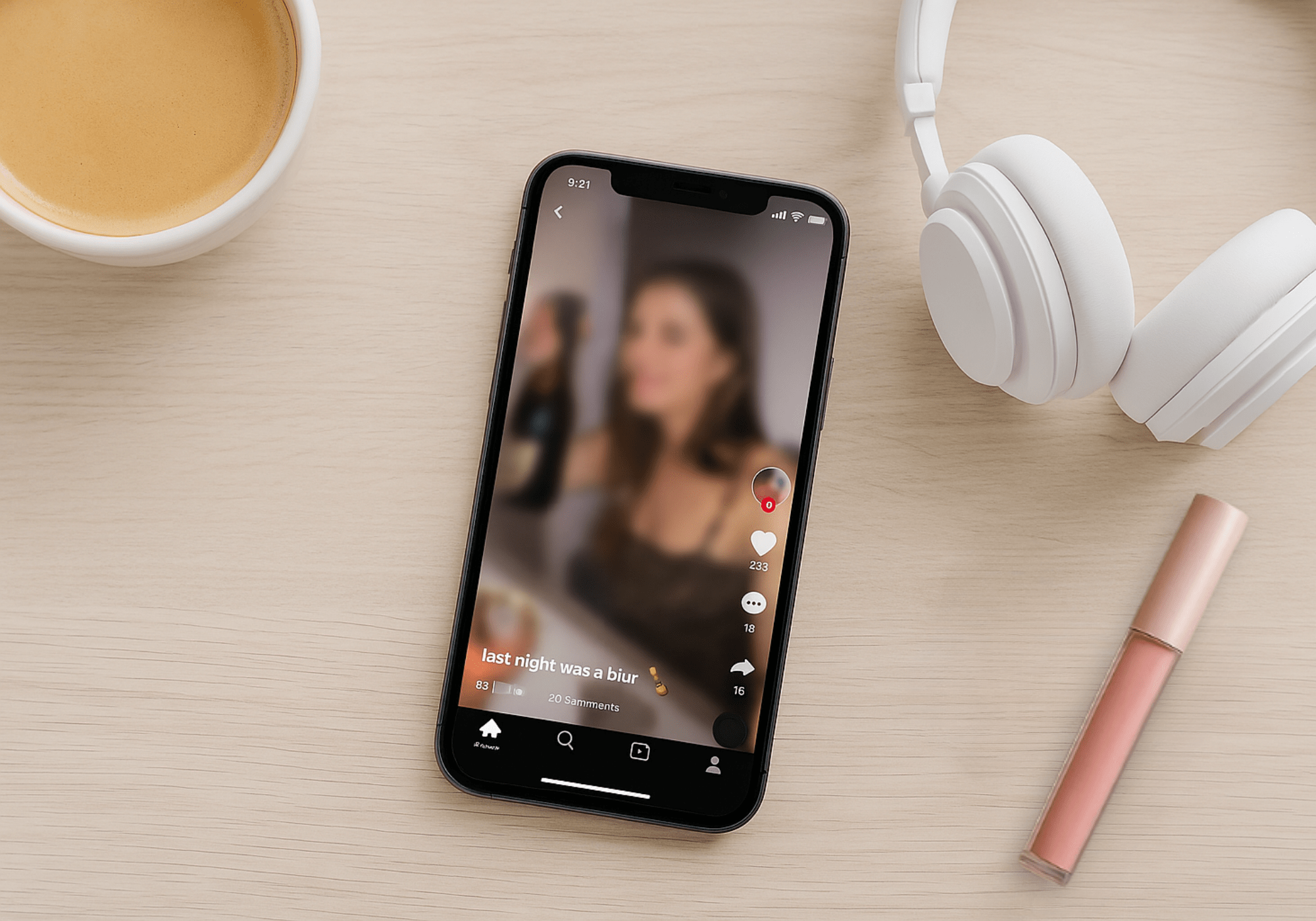 Flatlay of a phone with a blurred IG post, coffee, headphones, lipgloss