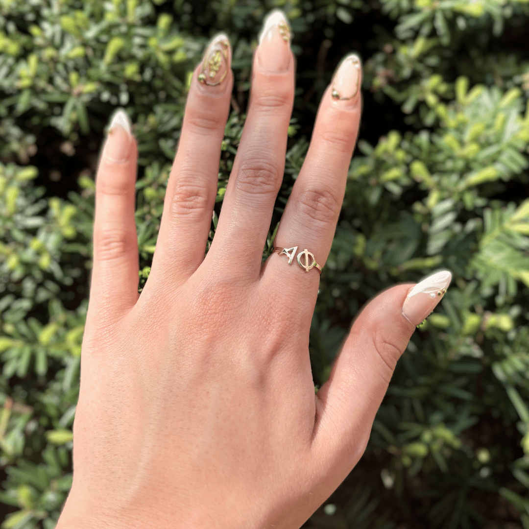 14k Gold Alpha Phi Ring | mazi + zo sorority jewelry
