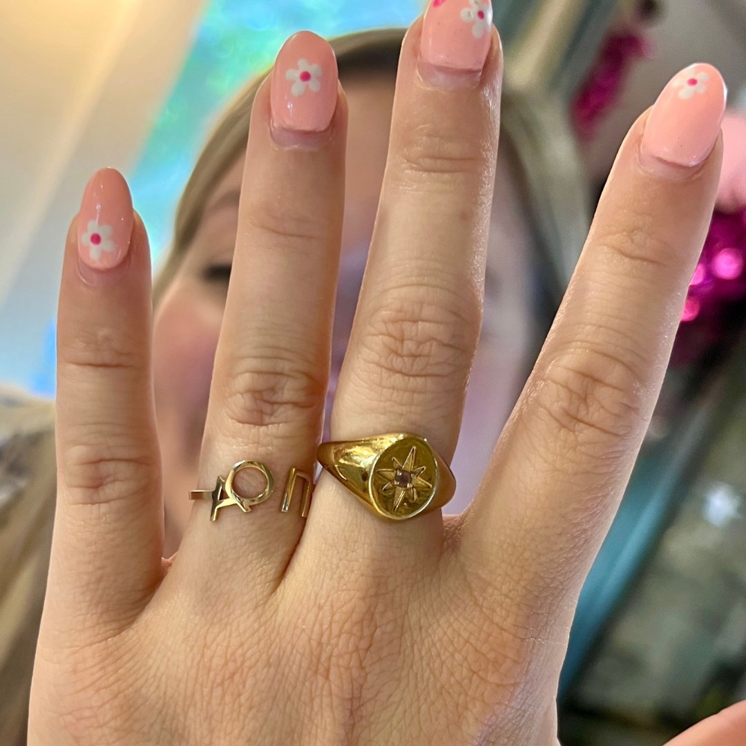 14k Gold Alpha Omicron Pi Ring | mazi + zo sorority jewelry