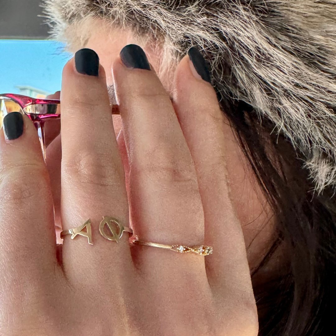 14k Gold Alpha Phi Ring | mazi + zo sorority jewelry