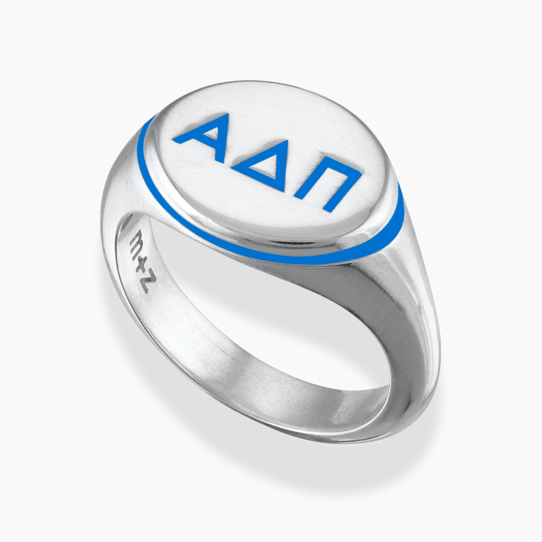 Silver Alpha Delta Pi Signet Ring with Azure Blue Enamel