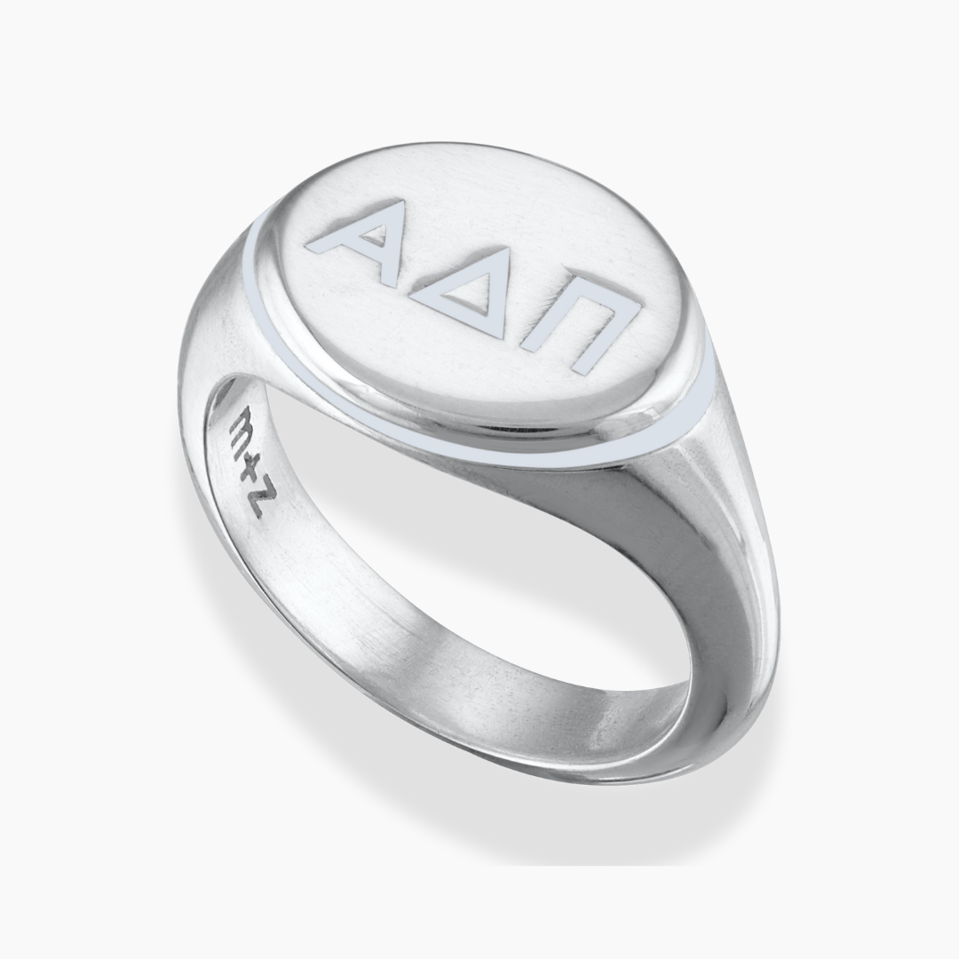 Silver Alpha Delta Pi Signet Ring with Horizon Gray Enamel