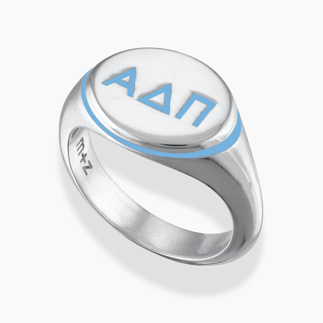 Silver Alpha Delta Pi Signet Ring with Adelphian Blue Enamel