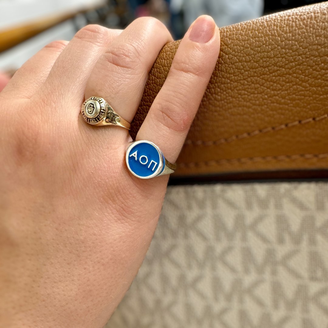 Alpha Omicron Pi Signet Ring in Blue | mazi + zo sorority jewelry