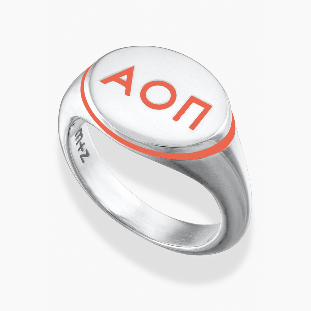 Silver Alpha Omicron Pi Classic Signet Ring with Coral Enamel
