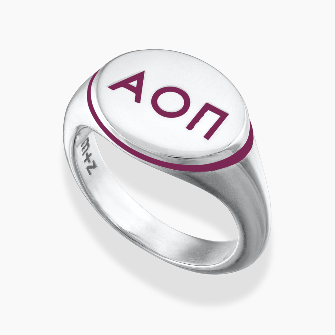 Silver Alpha Omicron Pi Classic Signet Ring with Purple Enamel