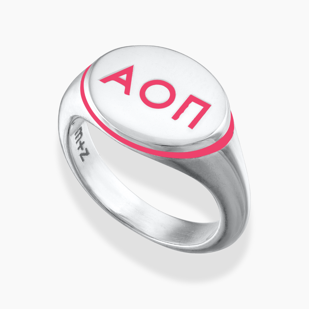 Silver Alpha Omicron Pi Classic Signet Ring with Pink Enamel