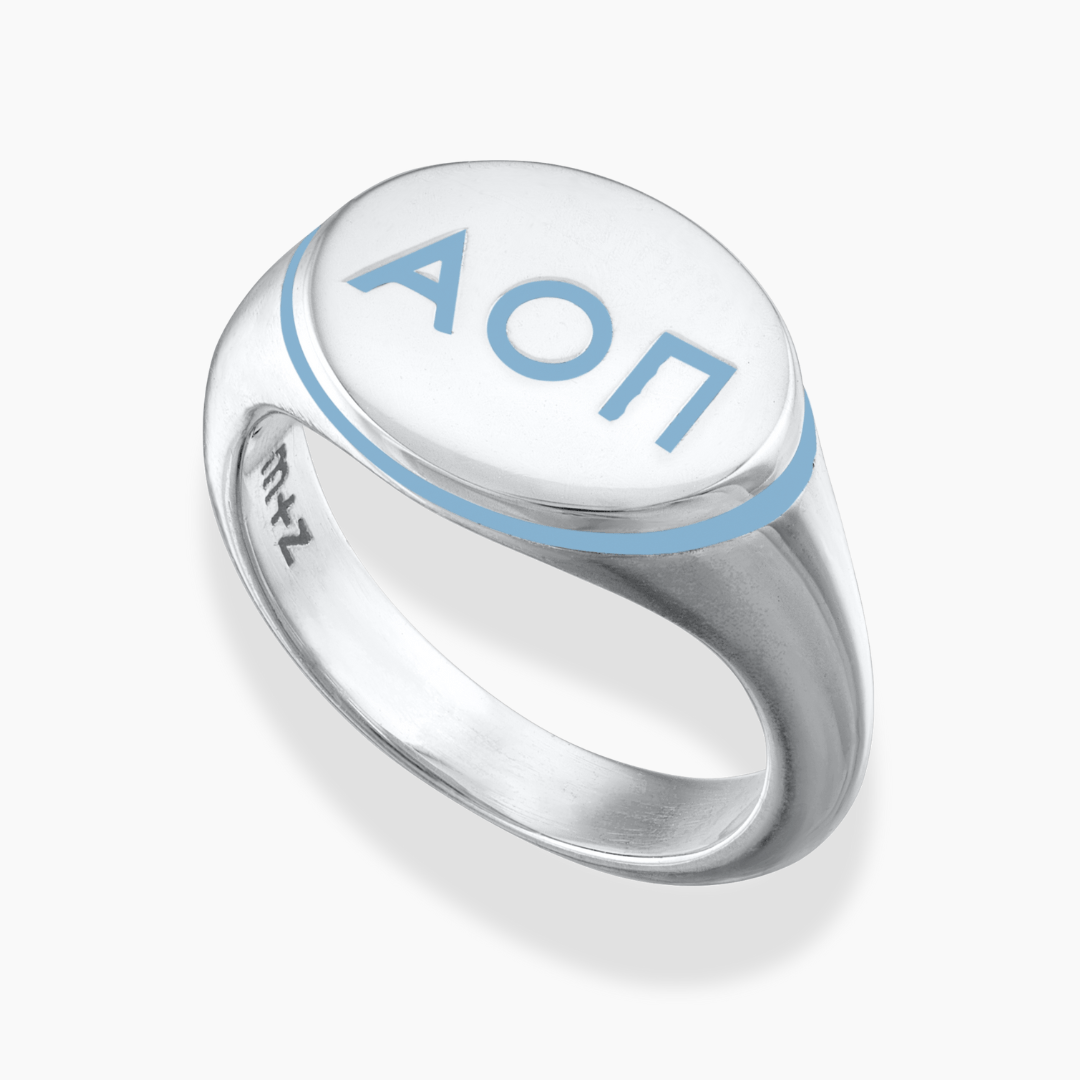 Silver Alpha Omicron Pi Classic Signet Ring with Light Blue Enamel