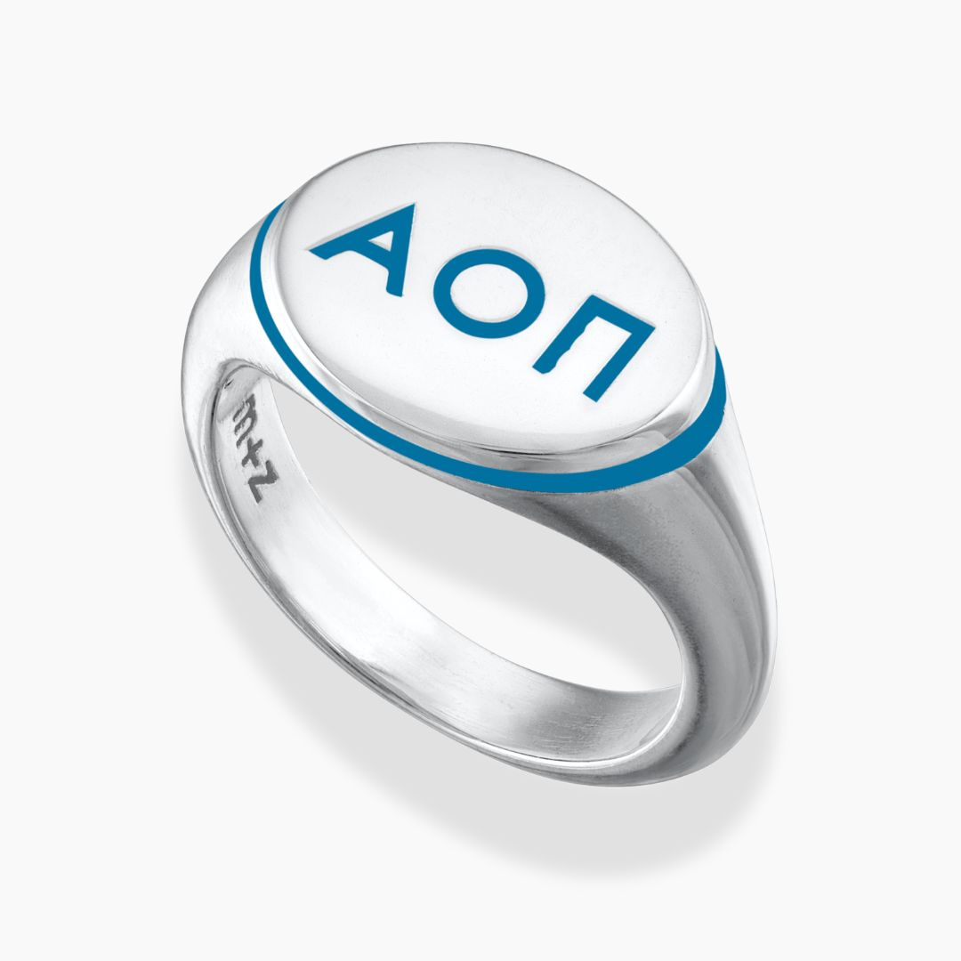 Silver Alpha Omicron Pi Classic Signet Ring with Blue Enamel