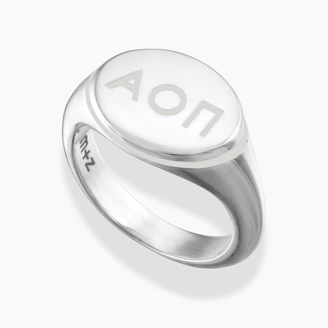 Silver Alpha Omicron Pi Classic Signet Ring with Light Gray Enamel
