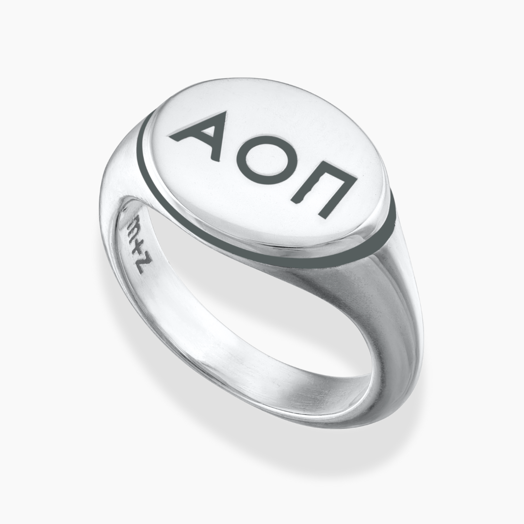 Silver Alpha Omicron Pi Classic Signet Ring with Dark Gray Enamel