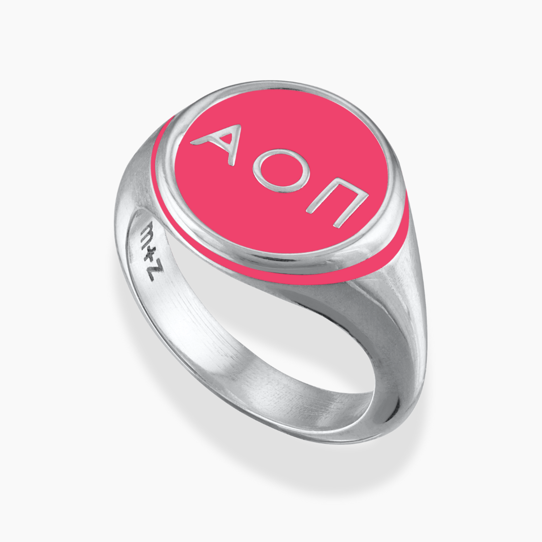 Silver Alpha Omicron Pi Signet Ring with Ambitious Pink Enamel