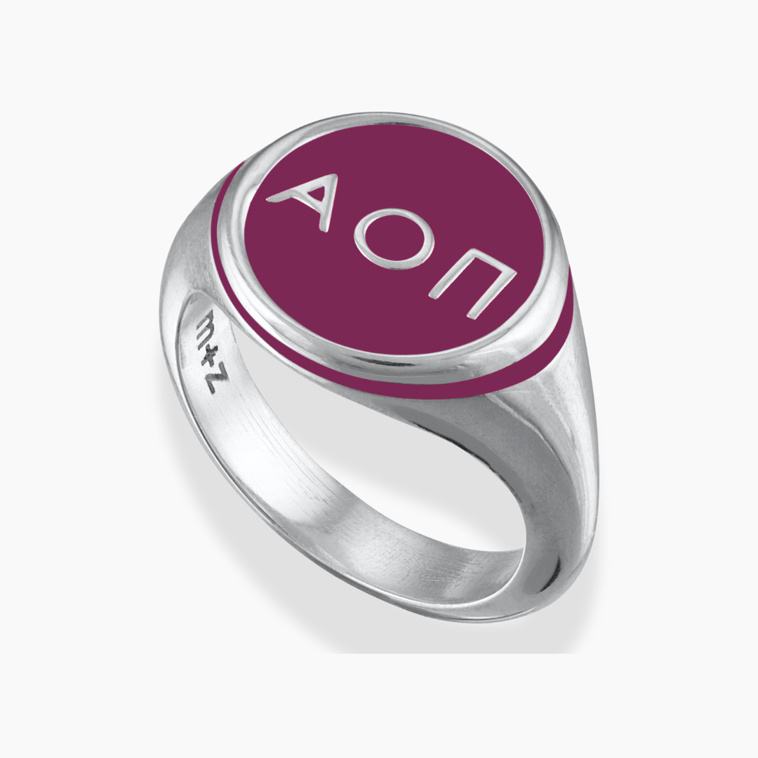 Silver Alpha Omicron Pi Signet Ring with Promising Purple Enamel
