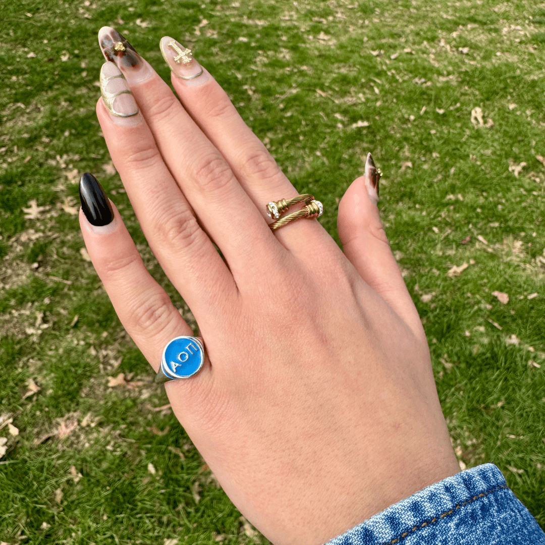 Alpha Omicron Pi Round Signet Ring in Confident Coral | mazi + zo sorority jewelry