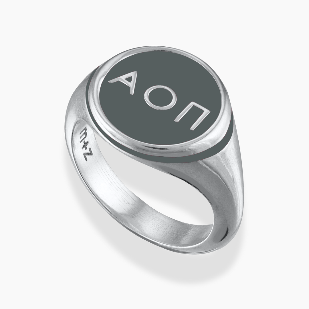 Silver Alpha Omicron Pi Signet Ring with Dark Grey Enamel