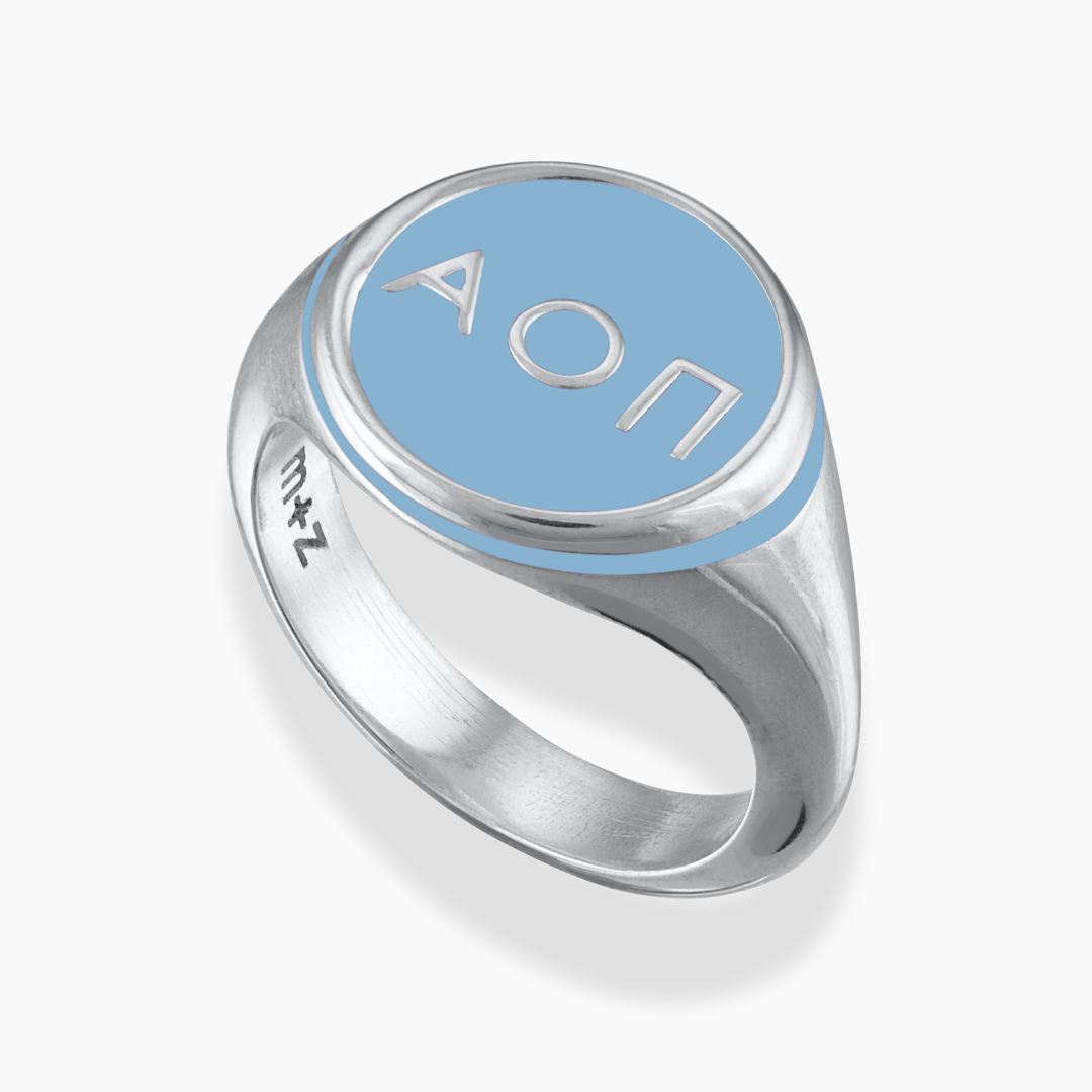 Silver Alpha Omicron Pi Signet Ring with Barnard Blue Enamel