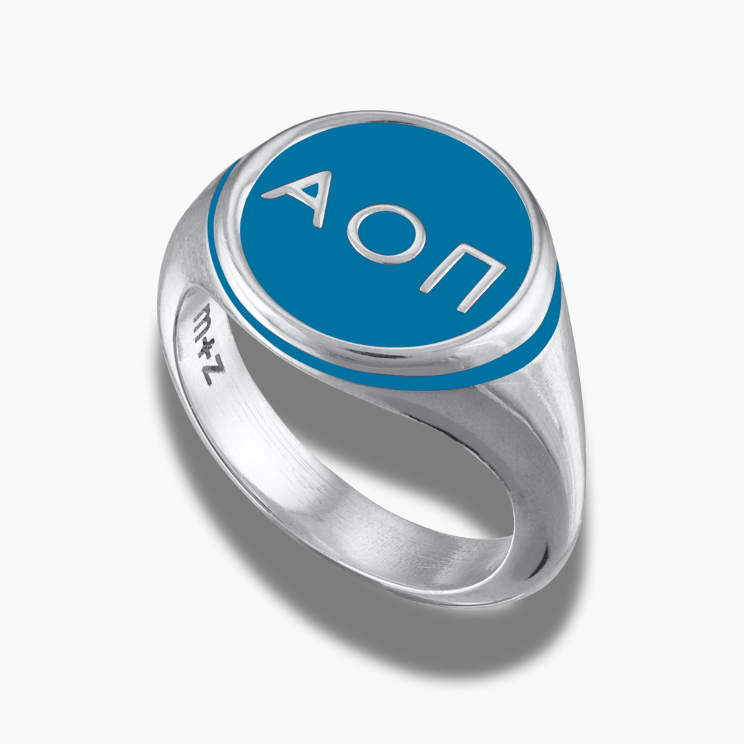 Silver Alpha Omicron Pi Signet Ring with Blue Enamel