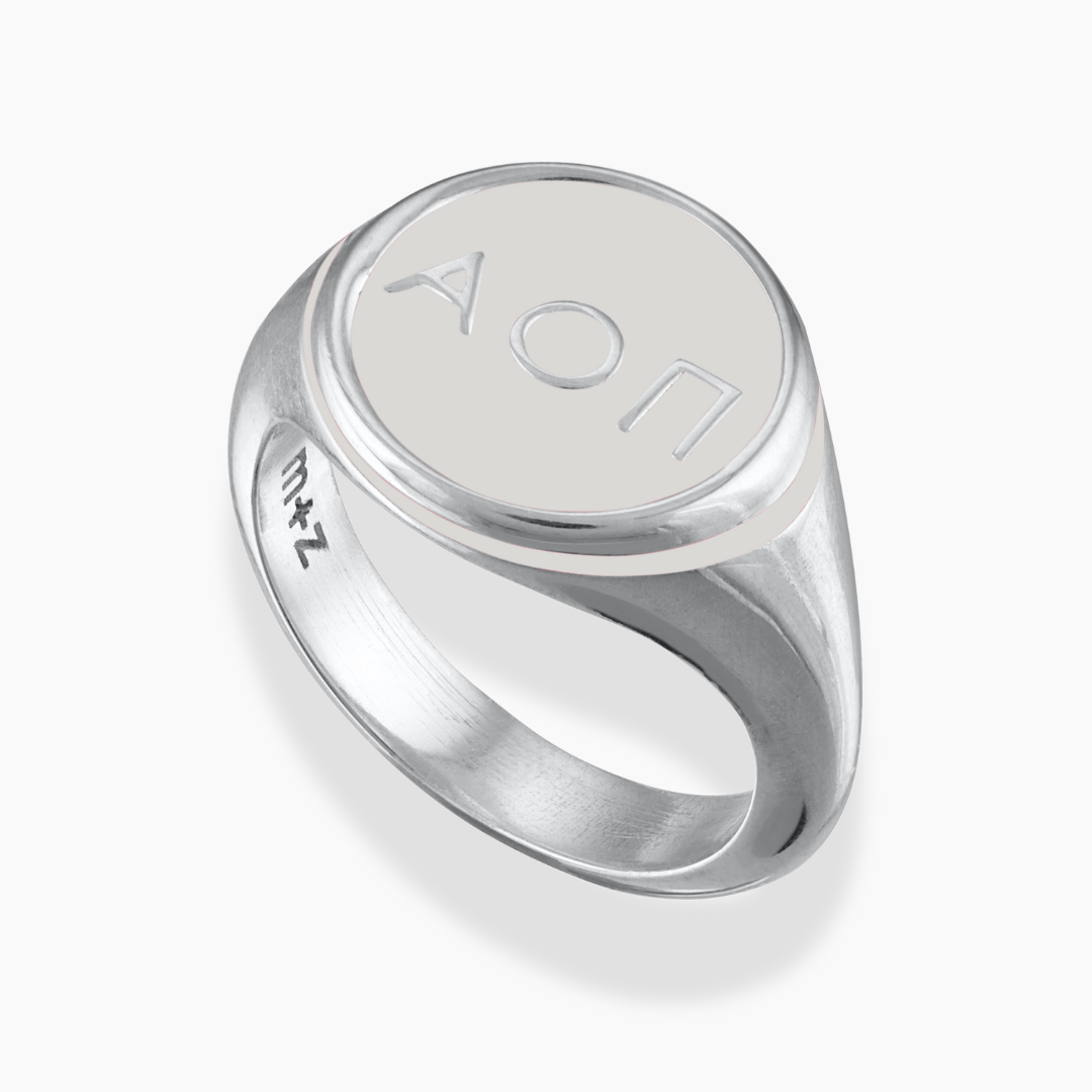 Silver Alpha Omicron Pi Signet Ring with Light Gray Enamel