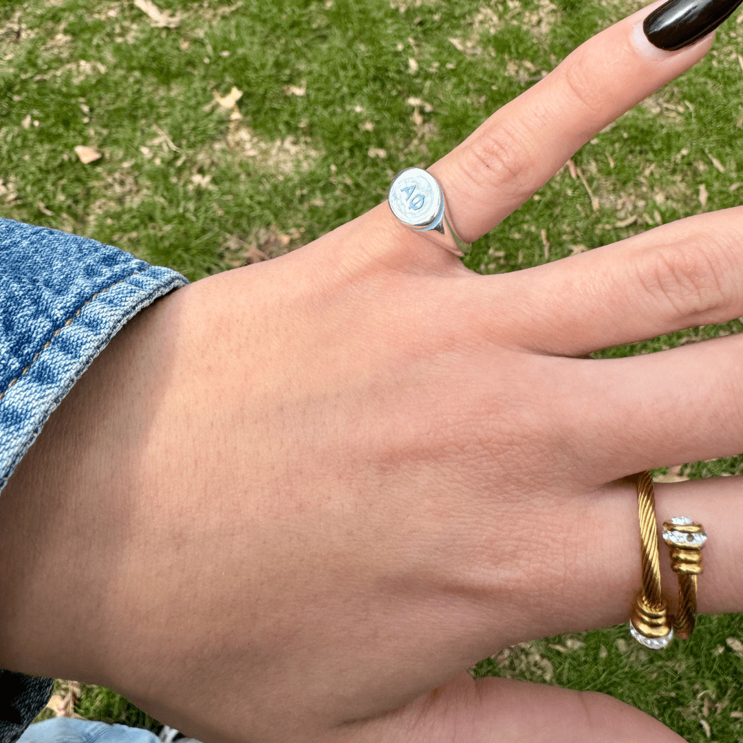 Alpha Phi Signet Ring in Powder Blue | mazi + zo sorority jewelry