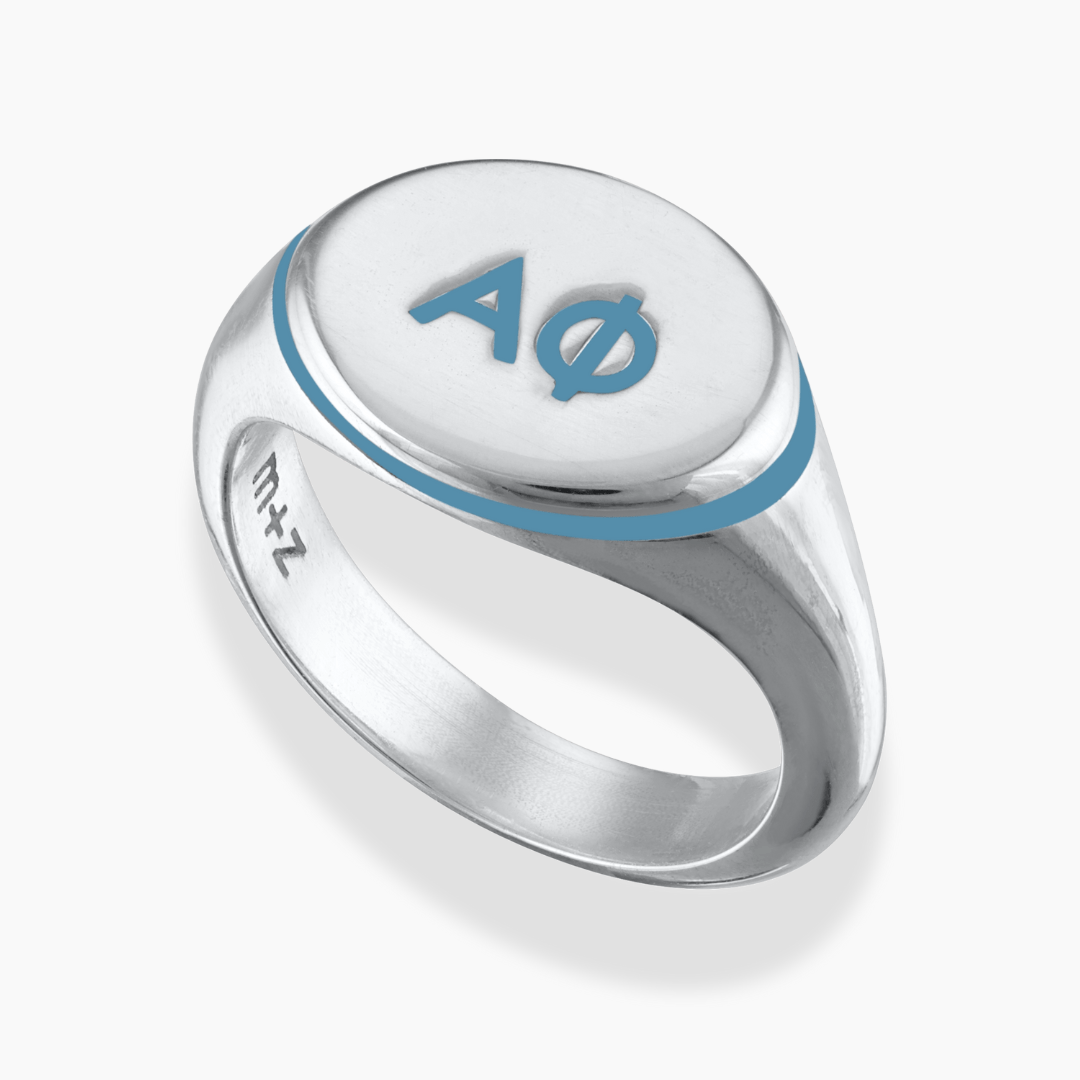 Silver Alpha Phi Signet Ring with Steel Blue Enamel