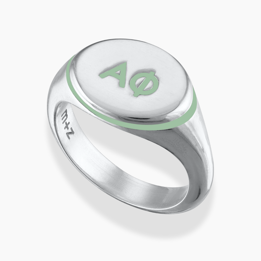 Silver Alpha Phi Signet Ring with Ivy Green Enamel