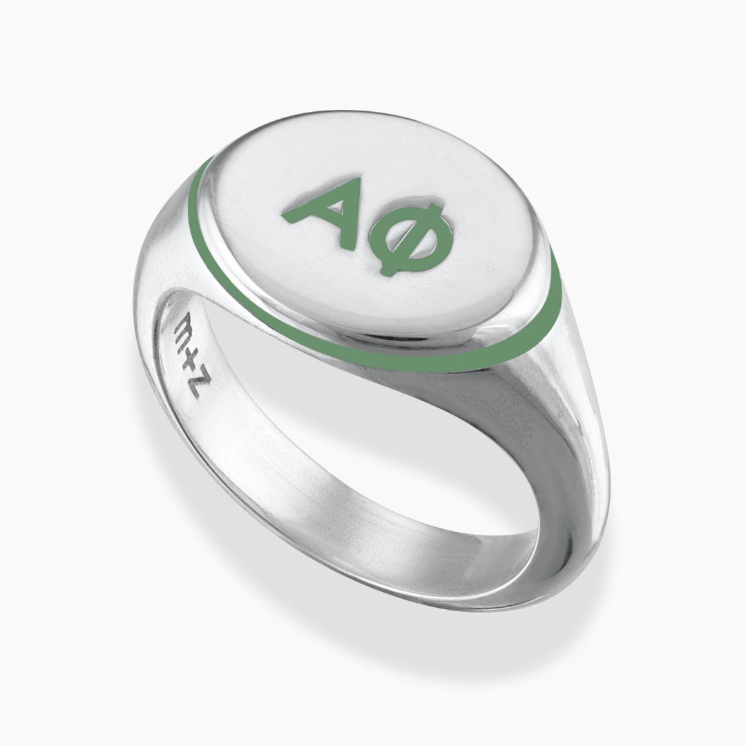 Silver Alpha Phi Signet Ring with Fern Green Enamel
