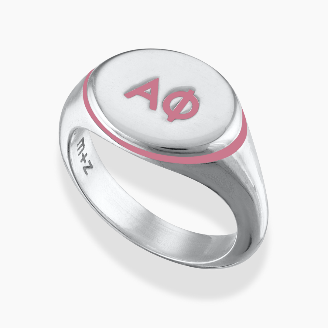 Silver Alpha Phi Signet Ring with Rose Pink Enamel
