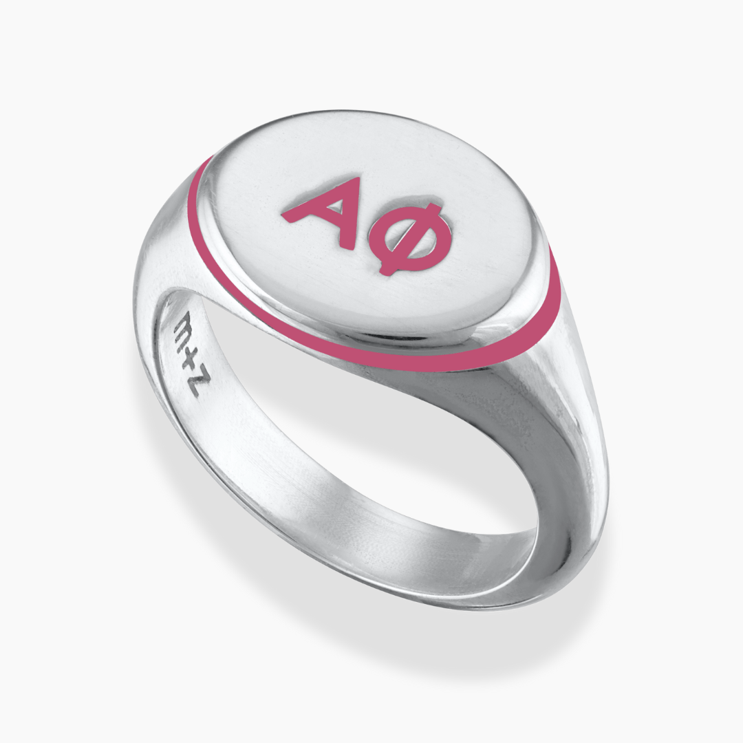 Silver Alpha Phi Signet Ring with Berry Pink Enamel