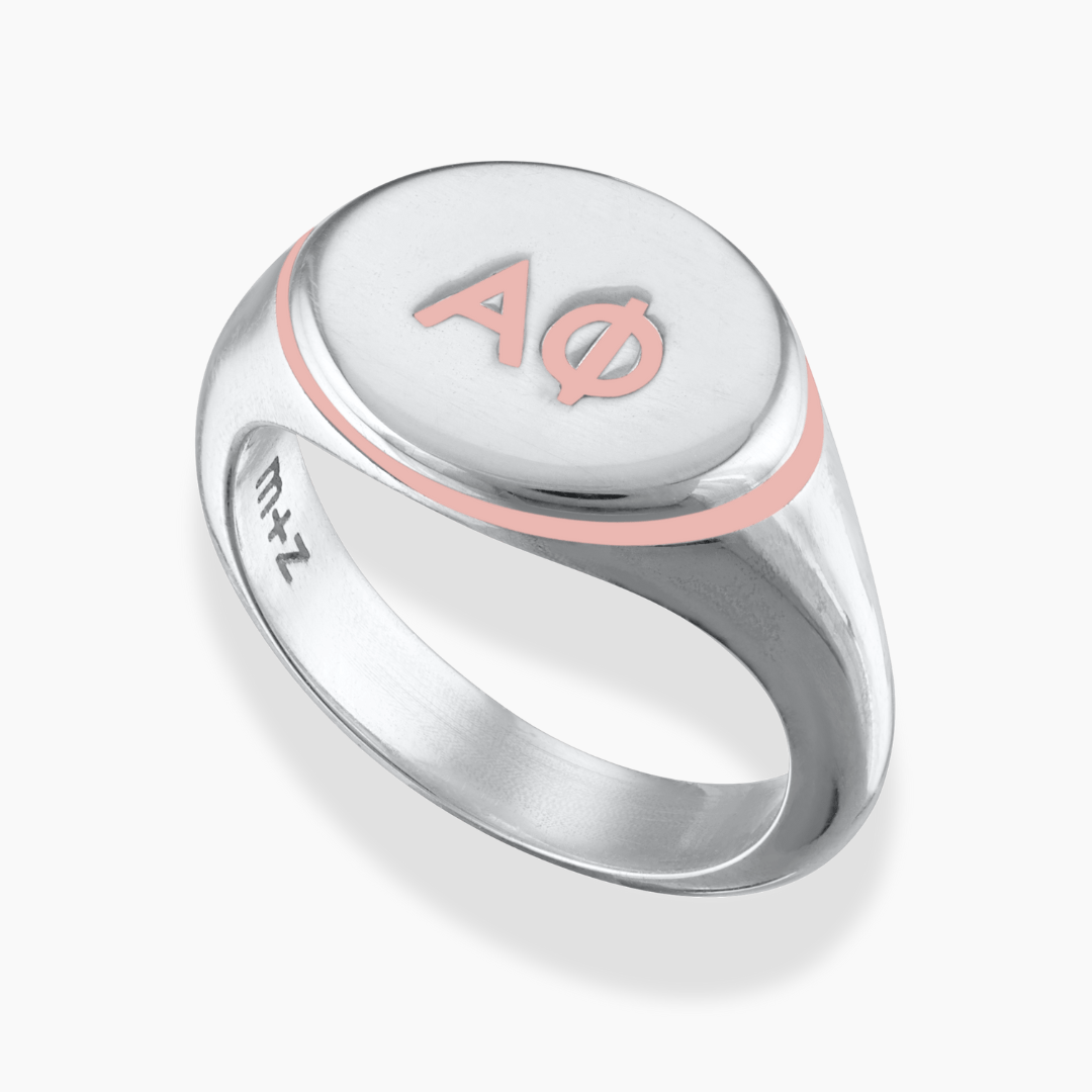 Silver Alpha Phi Signet Ring with Blush Pihk Enamel