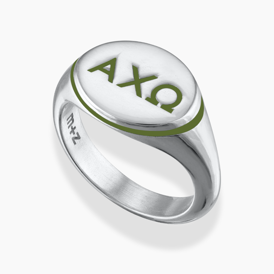 Alpha Chi Omega Signet Ring with Olive Green Enamel
