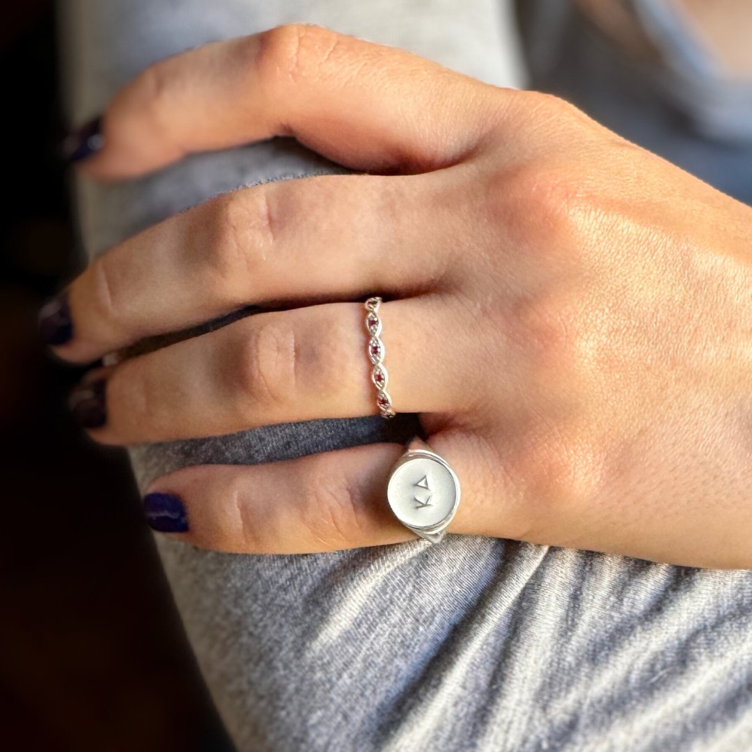 Kappa Delta Signet Ring in Pearl White | mazi + zo sorority jewelry