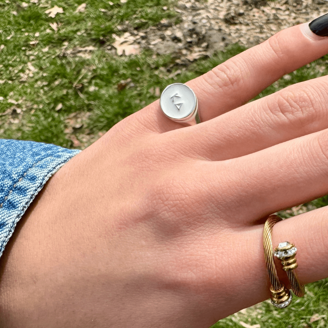 Kappa Delta Signet Ring in Pearl White | mazi + zo sorority jewelry