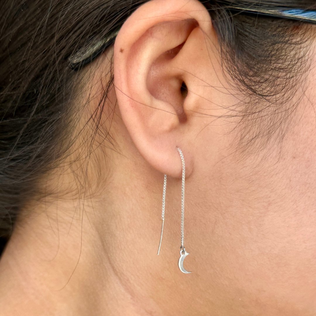 Sterling Silver Crescent Moon Threader Earrings | mazi + zo jewelry