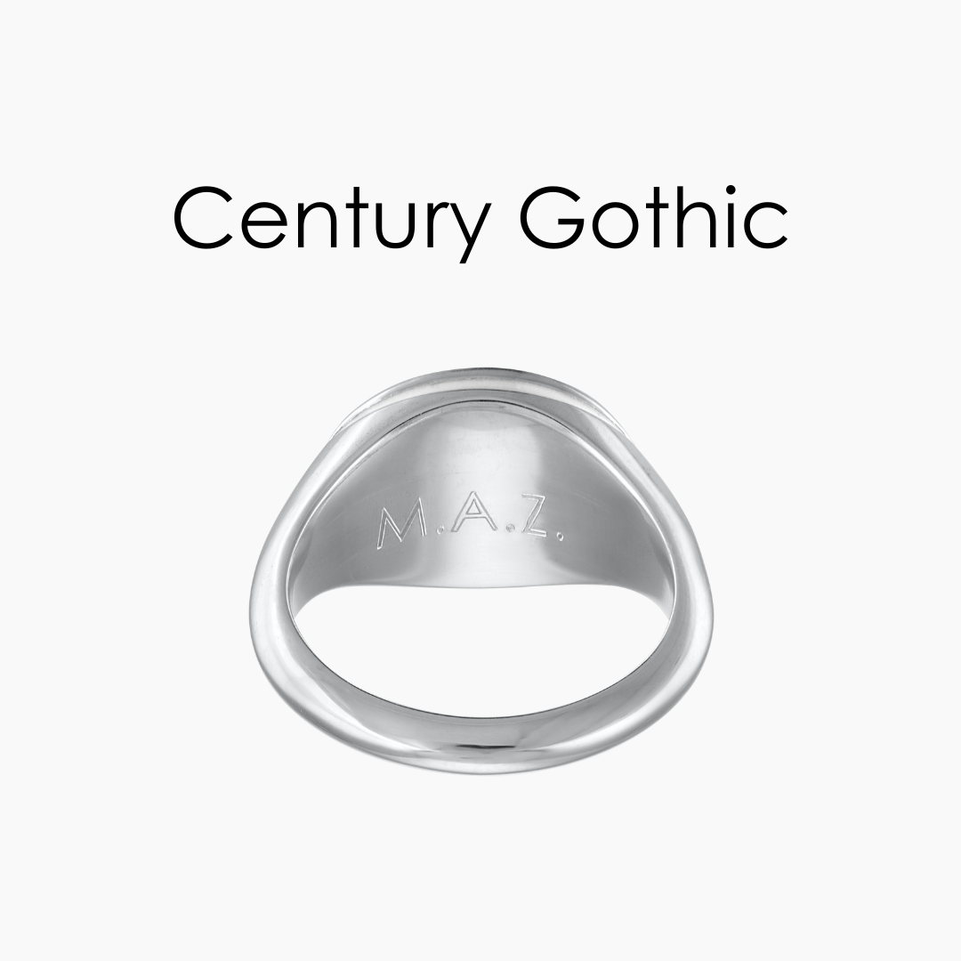Century Gothic Engraving Example shown on the back of a silver signet ring with the initials M.A.Z.