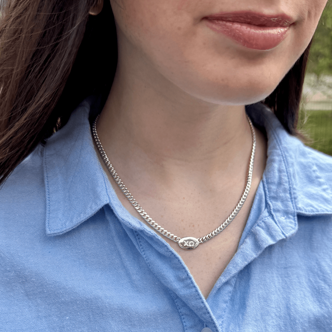 Personalizable Silver Chi Omega Signet Necklace | mazi + zo sorority jewelry