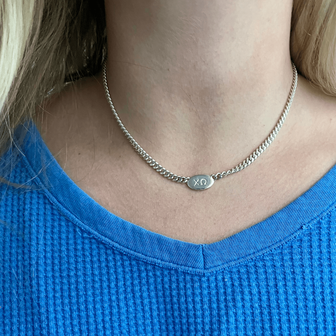 Personalizable Silver Chi Omega Signet Necklace | mazi + zo sorority jewelry