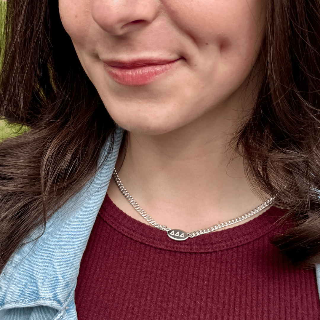 Personalizable Silver Tri Delta Necklace | mazi + zo sorority jewelry