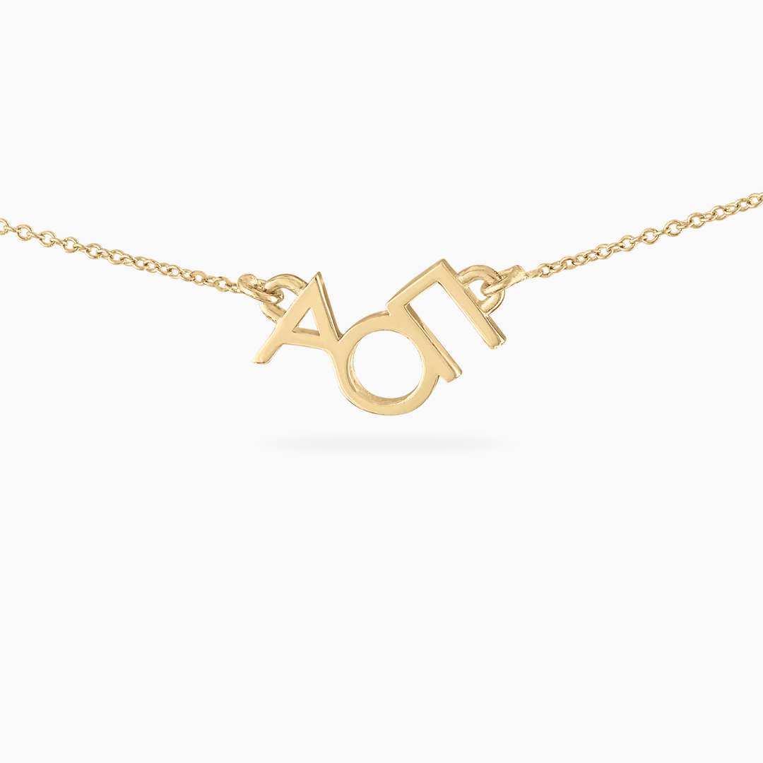 14k Gold Alpha Omicron Pi Necklace | mazi + zo sorority jewelry