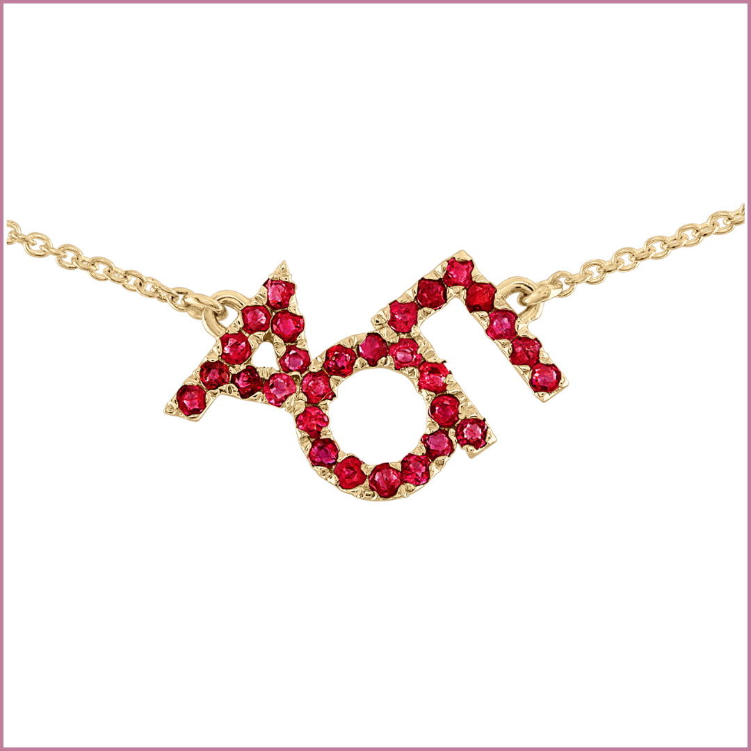 14K gold ruby Alpha Omicron Pi necklace | mazi + zo sorority jewelry
