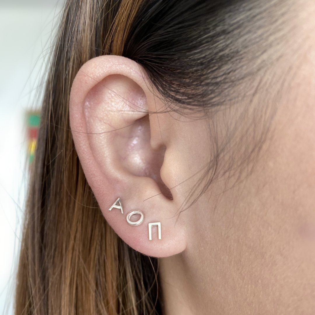 Silver Alpha Omicron Pi earrings by mazi + zo