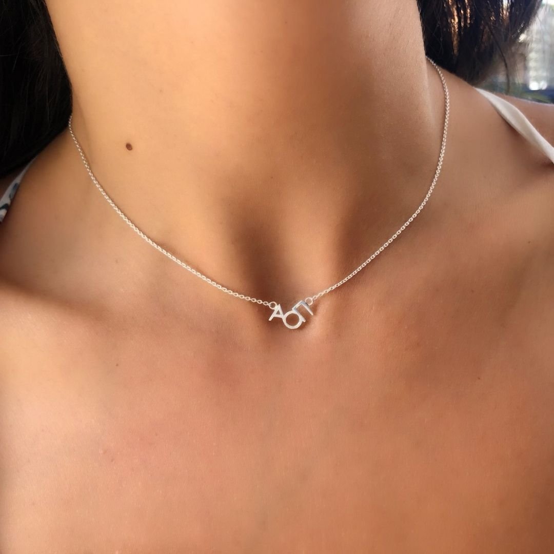 Silver Alpha Omicron Pi (AOII) sorority necklace