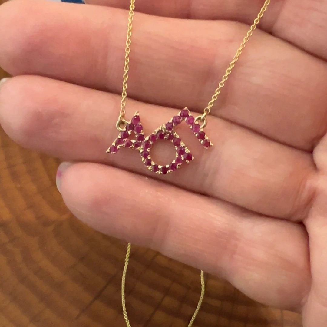 Alpha Omicron Pi gold and ruby necklace | mazi + zo sorority jewelry