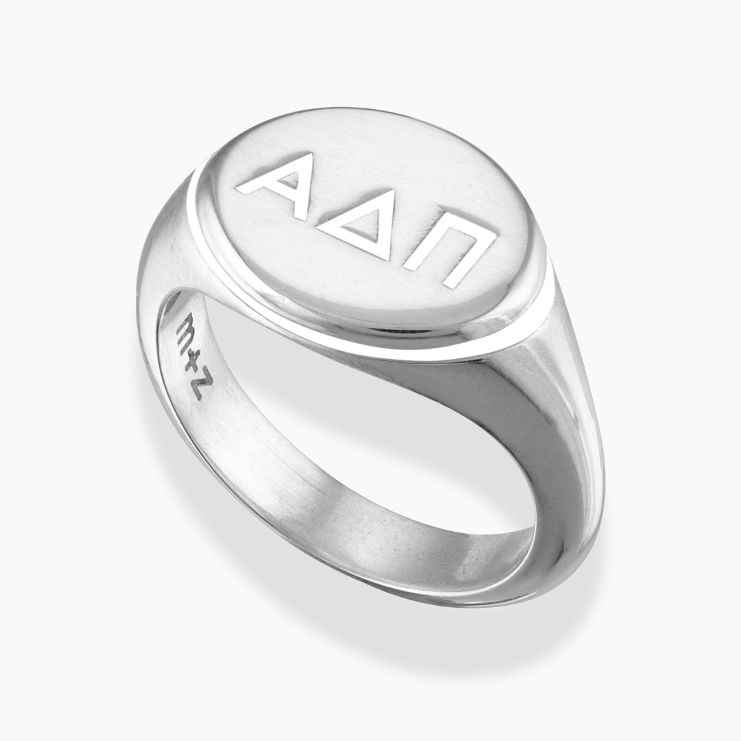 Silver Alpha Delta Pi Signet Ring with Diamond White Enamel