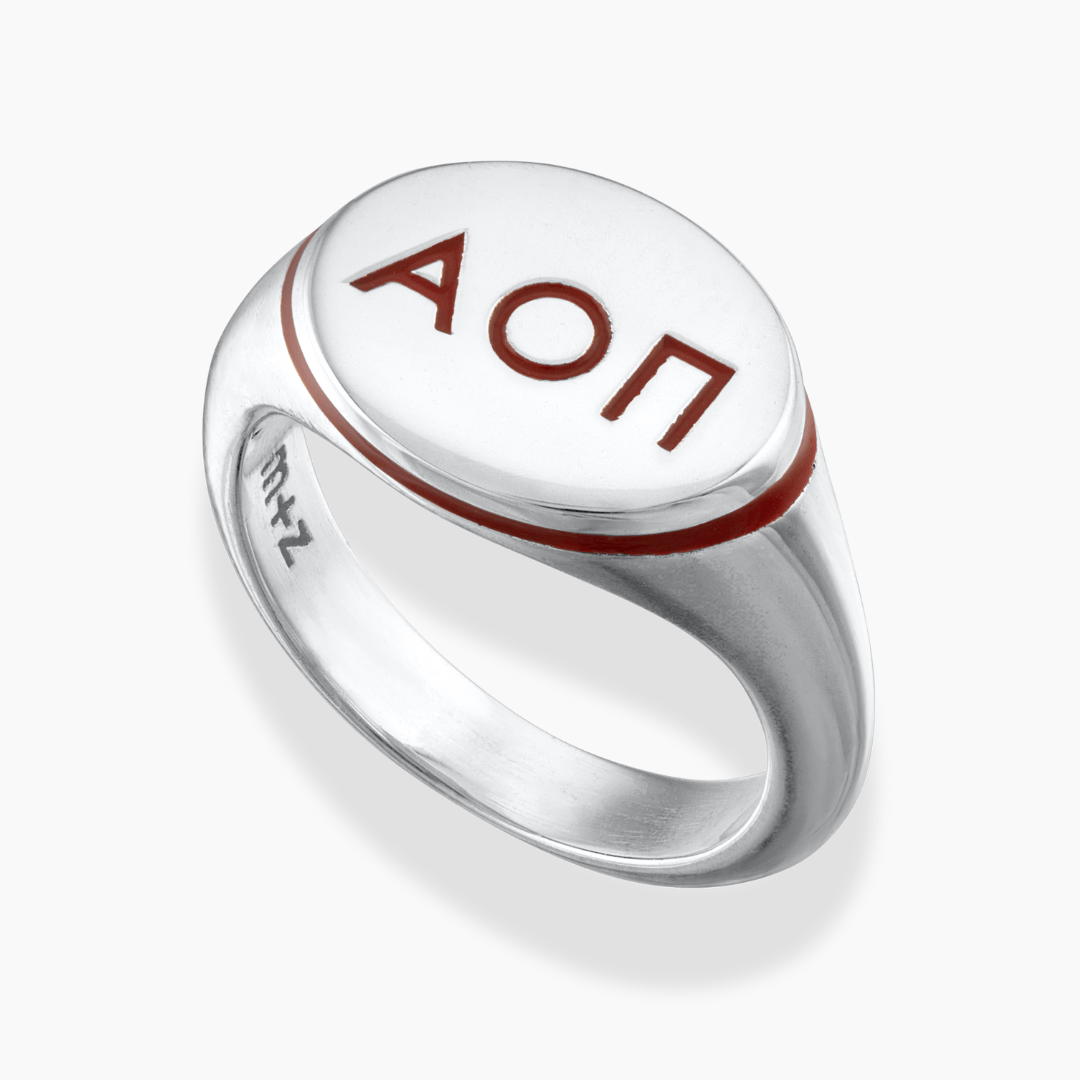 Silver Alpha Omicron Pi Classic Signet Ring with Cardinal Red Enamel