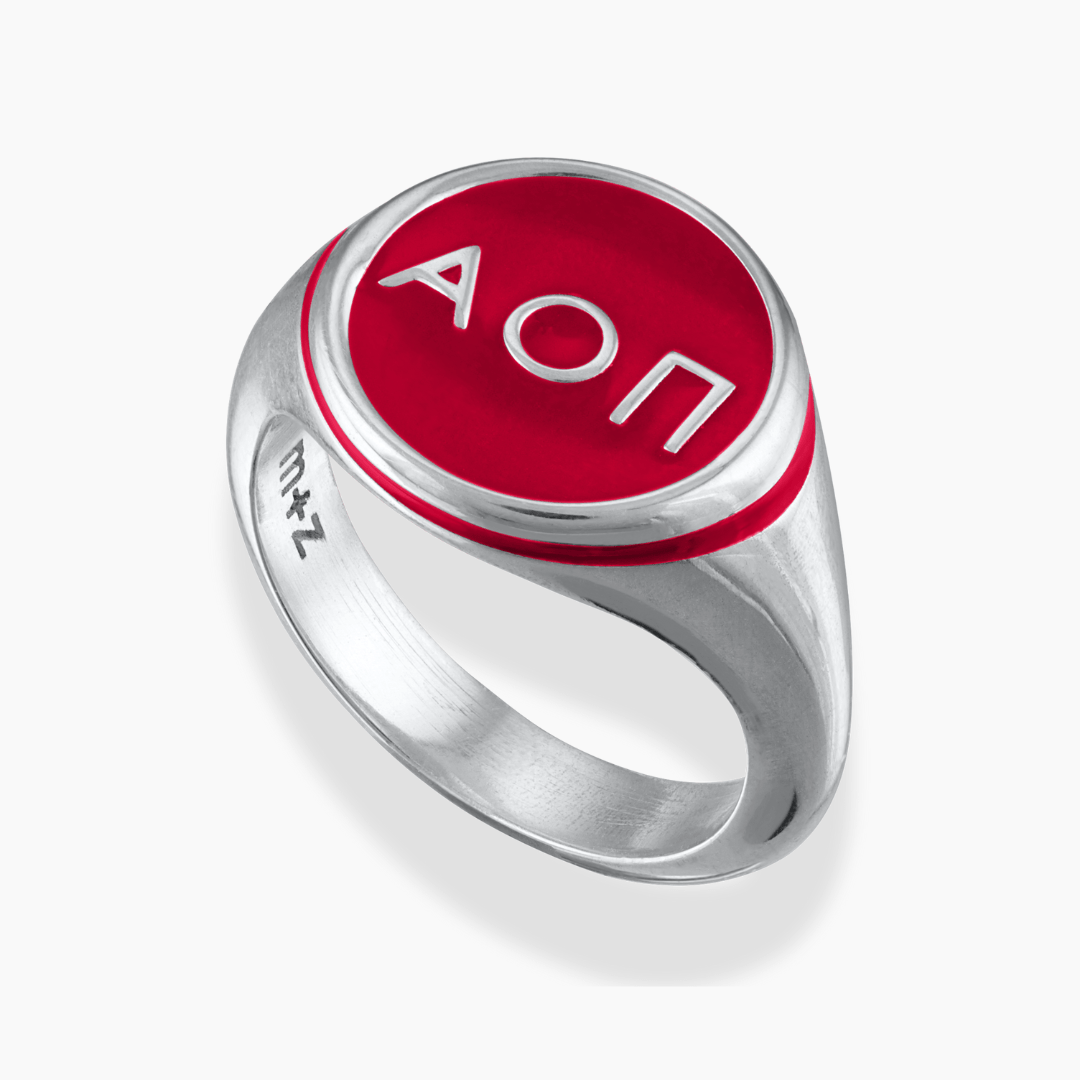 Silver Alpha Omicron Pi Signet Ring with Cardinal Red Enamel