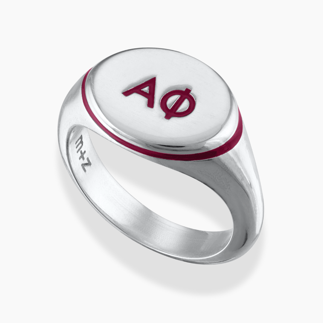 Silver Alpha Phi Signet Ring with Bordeaux Red Enamel
