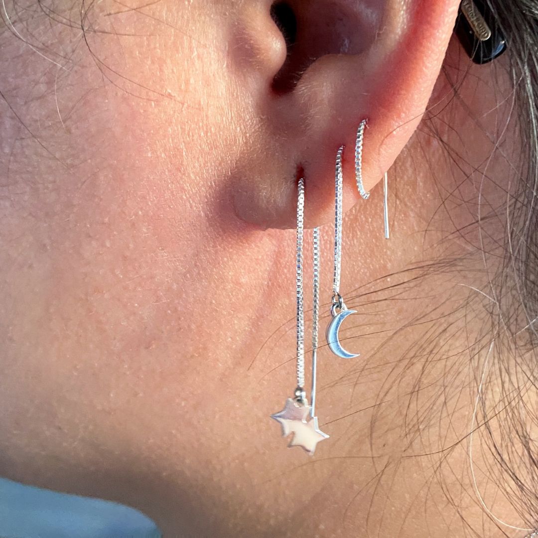 Sterling Silver Crescent Moon Threader Earrings | mazi + zo jewelry