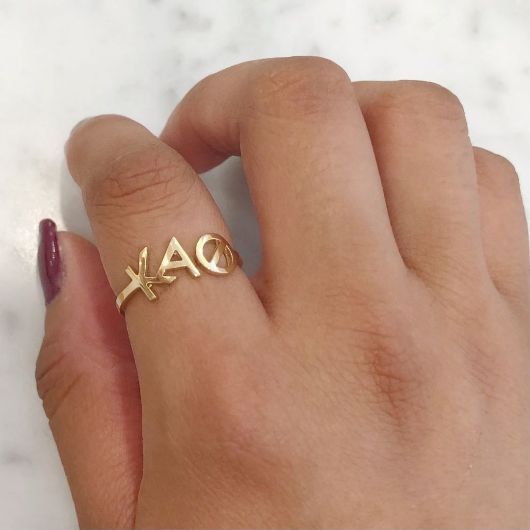 Delicate 14k gold Kappa Alpha Theta sorority ring on Issa | Licensed Sorority Jewelry | mazi +zo