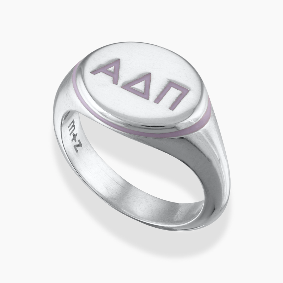 Silver Alpha Delta Pi Signet Ring with Woodland Violet Enamel