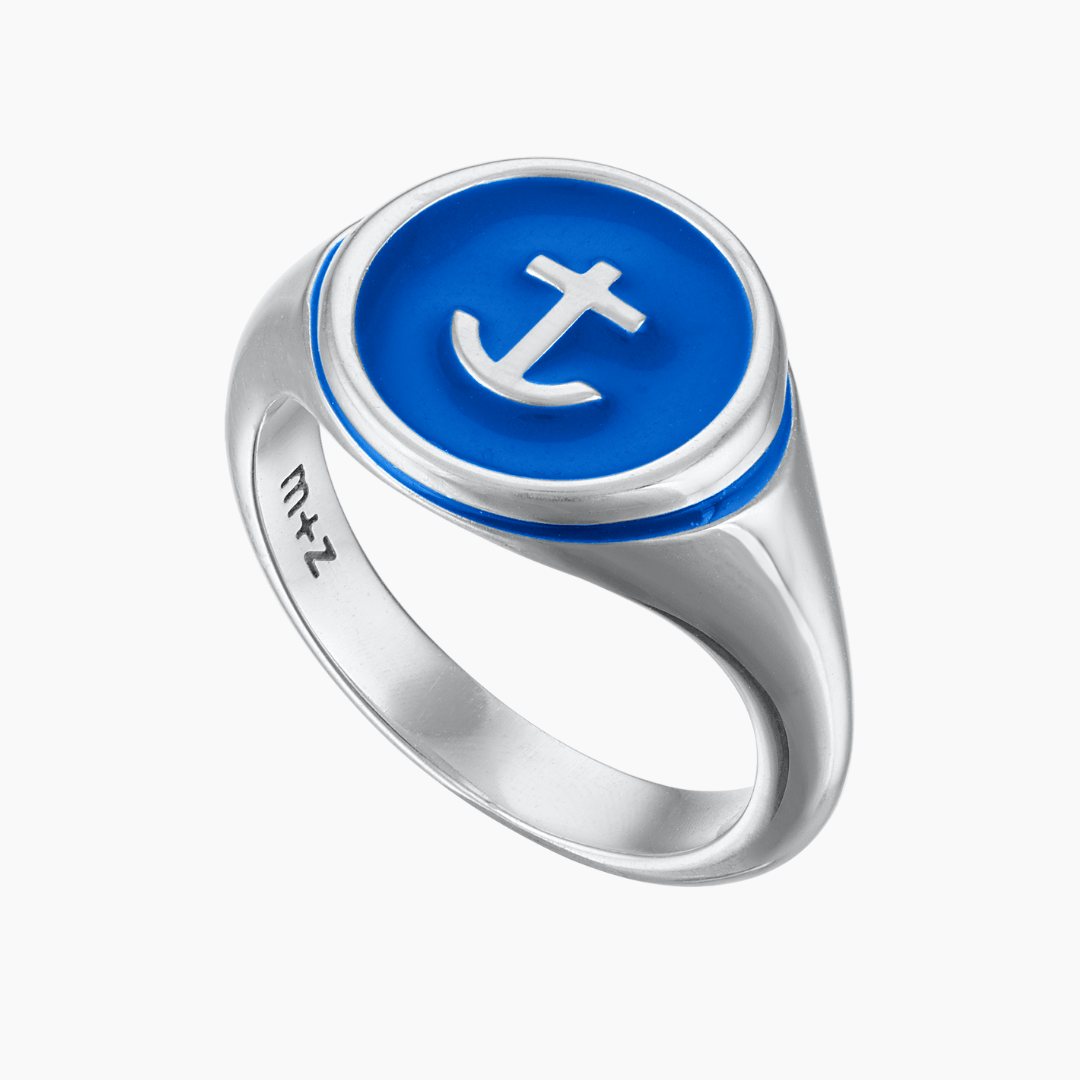 Silver Delta Gamma Anchor Signet Ring on a white background.